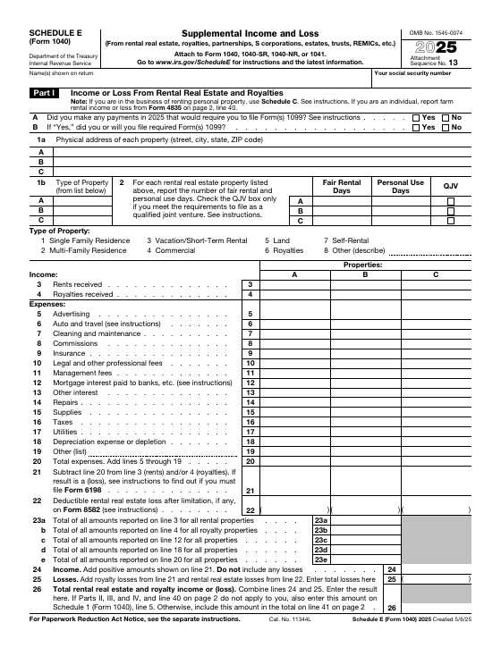 Preview of Schedule E (Form 1040), Supplemental Income and Loss
