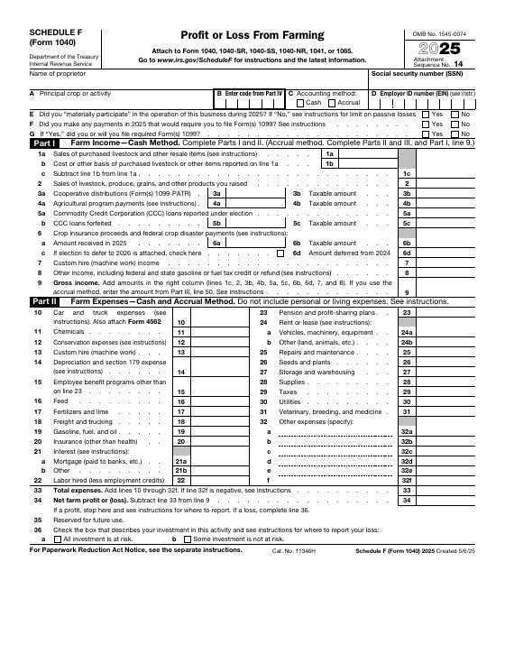 Preview of Schedule F (Form 1040), Profit or Loss From Farming
