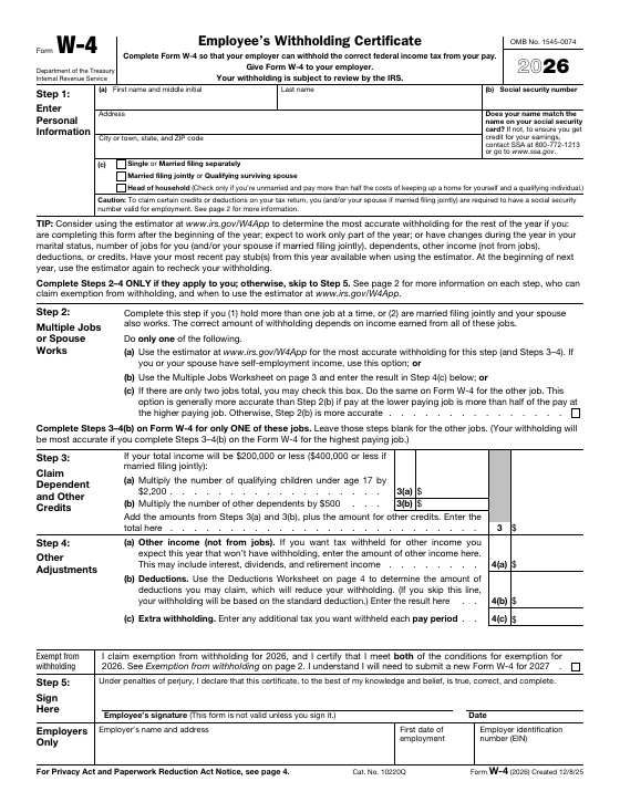 Preview of Form W-4, Employee's Withholding Certificate
