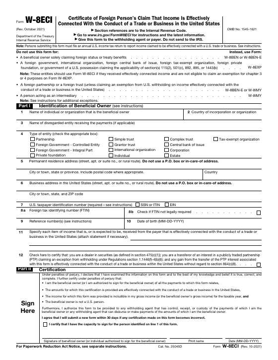 Preview of Form W-8ECI, Certificate of Foreign Person's Claim That Income Is Effectively Connected With the Conduct of a Trade or Business in the United States