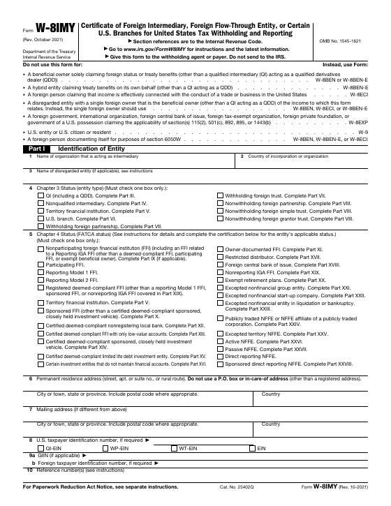 Preview of Form W-8IMY, Certificate of Foreign Intermediary, Foreign Flow-Through Entity, or Certain U.S. Branches for United States Tax Withholding and Reporting